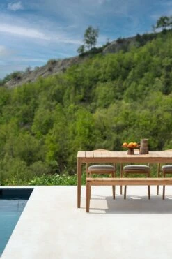 Bok Outdoor Bench -Saffron + Poe 10269 10270 10271 10272 Bok outdoor dining table 10352 Bok dining chair mocha fabric 10205 10206 Bok bench 2 Saffron and Poe Ethnicraft