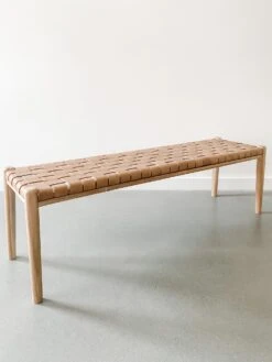 Woven Leather Bench - Beige -Saffron + Poe Angled Woven Leather Strap Bench Beige 60