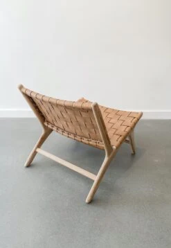 Woven Leather Lounge Chair - Beige 11 Woven Leather Lounge Chair - Beige -Saffron + Poe Back Woven Leather Strap Lounge Chair Beige