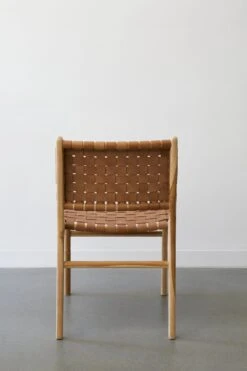Woven Leather Dining Arm Chair- Beige -Saffron + Poe BackView WovenLeatherStrapArmedDiningChair Beige SaffronandPoe