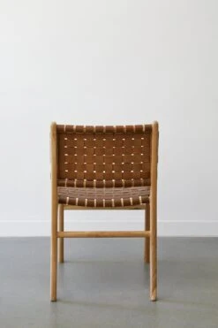 Woven Leather Dining Arm Chair- Saddle -Saffron + Poe BackView WovenStrapLeatherArmedDiningChair SaffroandPoe