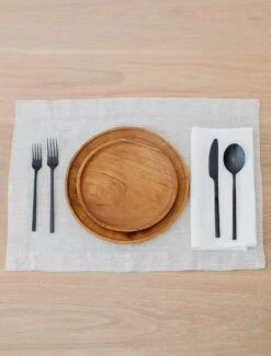 Teak Plate -Saffron + Poe Front Natural Linen Placemat with Teak Plates