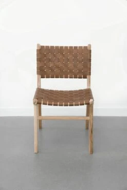 Woven Leather Dining Chair - Saddle -Saffron + Poe Front Woven Leather Strap Dining Chair Saddle