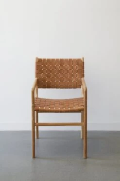 Woven Leather Dining Arm Chair- Beige -Saffron + Poe FrontView WovenLeatherStrapArmedDiningChair Beige SaffronandPoeChair