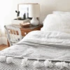 Moroccan Pom Bed Throw - Dark Grey + White Stripes