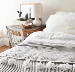 Moroccan Pom Bed Throw - Dark Grey + White Stripes
