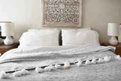 Moroccan Pom Bed Throw - Dark Grey + White Stripes -Saffron + Poe Moroccan pom bed throw grey white stripes bedroom style conforter