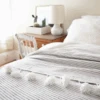 Moroccan Pom Bed Throw - Light Grey + White Stripe