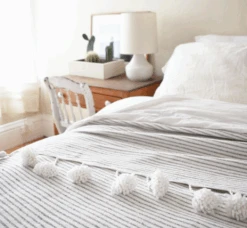 Moroccan Pom Bed Throw - Light Grey + White Stripe