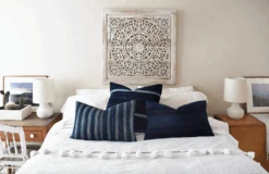 Moroccan Pom Bed Throw - Light Grey + White Stripe -Saffron + Poe Screen Shot 2017 09 23 at 6.29.33 PM