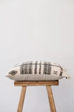 Handwoven Bhujodi Pillow No. 07 -Saffron + Poe Side No.36 Handwoven Bhujodi Lumbar Pillow with Fringe Natural