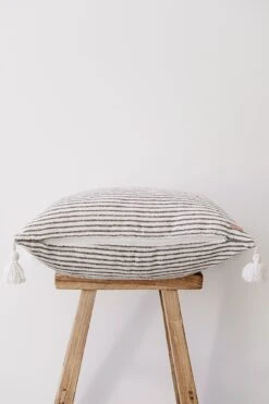 Dark Grey Stripe Moroccan Pom Pillow No. 01 -Saffron + Poe Side No.40 Moroccan Pom Pom Striped Pillow Dark Grey