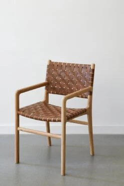 Woven Leather Dining Arm Chair- Saddle