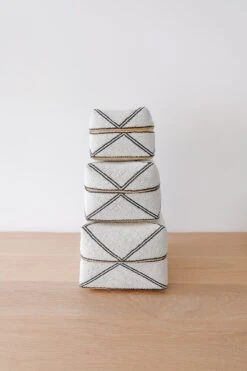 Hand-Beaded Bali Baskets - White With Black Diamond Outline