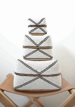 Hand-Beaded Bali Baskets - White With Black Diamond Outline - Second Quality -Saffron + Poe Stacked White black Hand Beaded Bali Baskets chair d22d4704 905b 4ce0 955d 03e6f19b6f3a