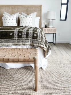 Handwoven Bhujodi Blanket - Dark Brown -Saffron + Poe Styled Front Half In Situ Throw On Bed