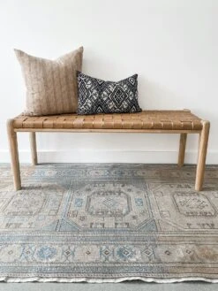 Woven Leather Bench - Beige -Saffron + Poe Styled Woven Leather Strap Bench Beige 48 with Vintage Rug and Pillows