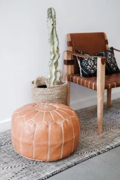 Embroidered Moroccan Leather Pouf - Second Quality 13 Embroidered Moroccan Leather Pouf - Second Quality -Saffron + Poe Styled angled Embroidered Leather Moroccan Pouf with Leather Strap Safari Chair 3