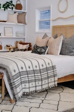 Handwoven Bhujodi Blanket - Natural -Saffron + Poe Styled angled Handwoven Bhujodi Bed Throw Natural with Woven Leather Strap Bench Beige