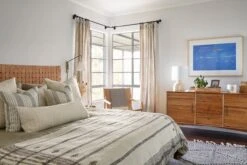 Handwoven Bhujodi Blanket - Natural -Saffron + Poe Styled Close View Handwoven Bhujodi Blanket Natural Saffron Poe