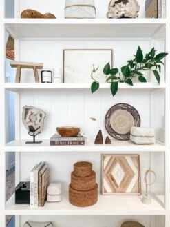 Hand-Beaded Bali Baskets - Solid White -Saffron + Poe Styled Hand Beaded Bali Basket Solid White on shelf