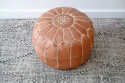Embroidered Moroccan Leather Pouf -Saffron + Poe Top Angled Embroidered Leather Moroccan Pouf 1