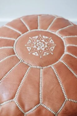 Embroidered Moroccan Leather Pouf - Second Quality 9 Embroidered Moroccan Leather Pouf - Second Quality -Saffron + Poe Top close up Embroidered Leather Moroccan Pouf