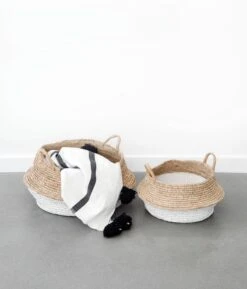 Collapsible Woven Hyacinth Basket -Saffron + Poe Two Woven Hyacinth Baskets With Pom Throw