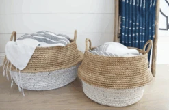 Collapsible Woven Hyacinth Basket -Saffron + Poe Two Woven Hyacinth Baskets with blankets
