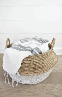 Collapsible Woven Hyacinth Basket -Saffron + Poe Woven Hyacinth Basket with blanket