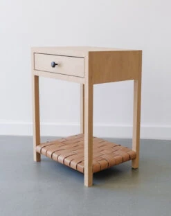White Oak Side Table -Saffron + Poe white oak side table with woven leather